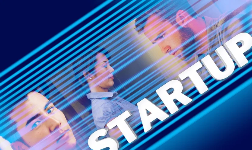 a group of people standing next to each other, a stock photo, futurism, start, header text”, ai startup, stern blue neon atmosphere