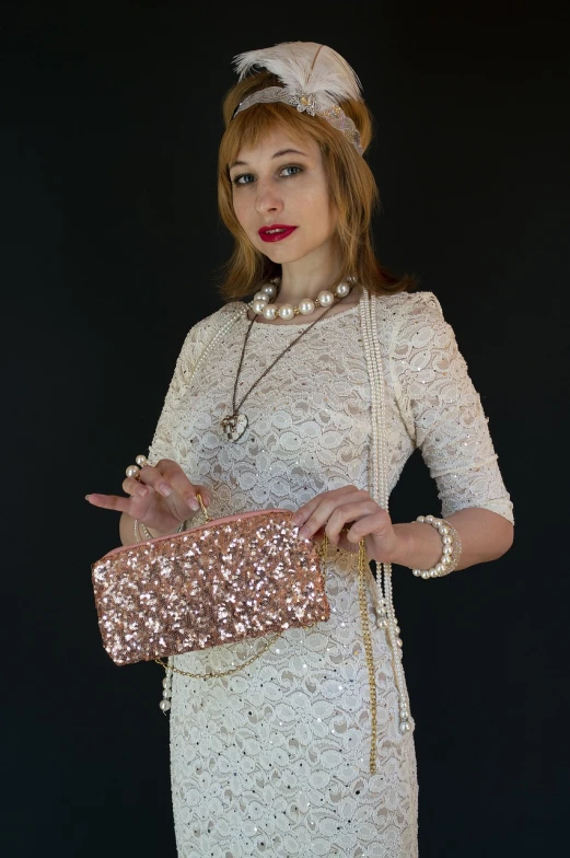 a woman in a white dress holding a pink purse, inspired by Hedda Sterne, art nouveau, glittering stars scattered about, rose gold, ultra high quality model, rectangular