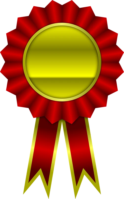 a gold medal with a red ribbon around it, by Zoran Mušič, pixabay contest winner, computer art, scarlet and yellow scheme, ruffles, !!! very coherent!!! vector art, award winning dark