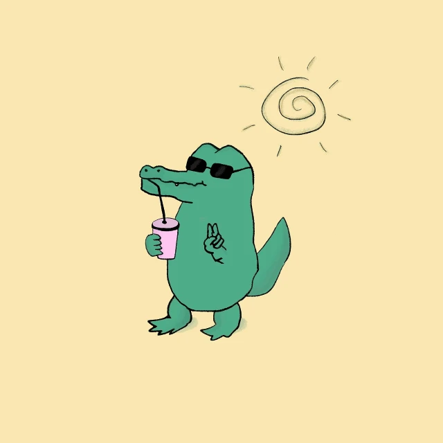 a cartoon crocodile holding a drink and a frisbee, an illustration of, tumblr, sumatraism, in sun glasses, lo-fi, coffee, miami. illustration