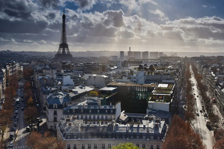 a view of the eiffel tower from the top of a building, shutterstock, paris school, winter sun, gloomy skies, city skyline in the backround, a wide shot