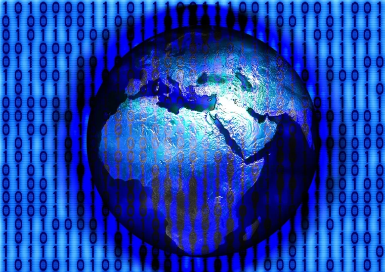 a close up of a globe on a blue background, a digital rendering, computer art, matrix text, flash photo, portlet photo
