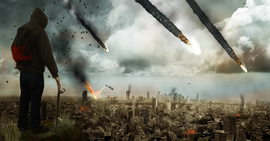 a man standing on a ledge looking at a city, a matte painting, shutterstock, auto-destructive art, missiles explosions in the sky, sharknado, asteroids, destruction around her