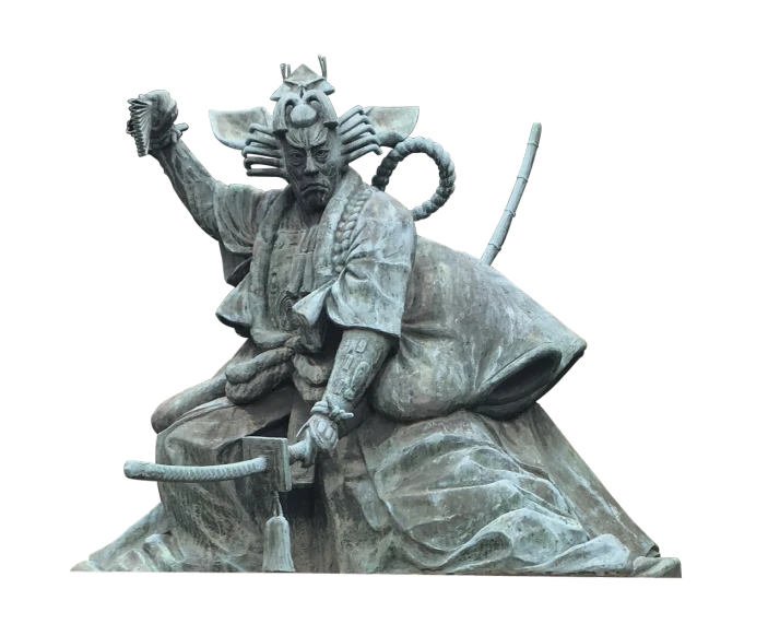a statue of a man sitting on top of a rock, a statue, inspired by Kanō Sanraku, featured on zbrush central, sōsaku hanga, bruce willis as samurai, demon samurai mask, 188216907, high resolution and detail