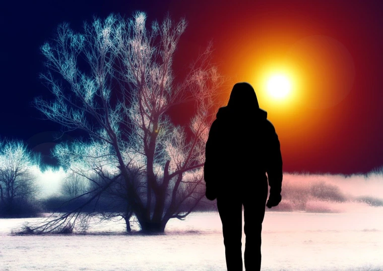 a person that is standing in the snow, a picture, inspired by Grzegorz Domaradzki, trending on pixabay, romanticism, stylized silhouette, brightly-lit, nuclear winter, background image