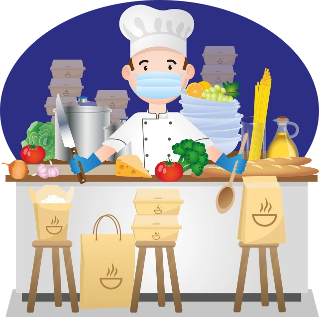 a man that is standing in front of a counter, an illustration of, cooking, sterile background, covid, gourmet and crafts