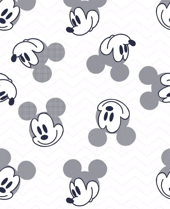 a mickey mouse pattern on a black and white background, by disney, zig zag, floating away, twins, background is white and blank