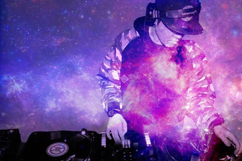 a man that is standing in front of a dj, digital art, digital art, galaxy theme colors, turntablism dj scratching, oversaturated, background image