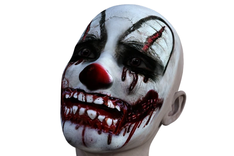 a close up of a person wearing a clown mask, inspired by James Bolivar Manson, reddit, digital art, fangs extended, face with scars, [ [ hyperrealistic ] ], full - view