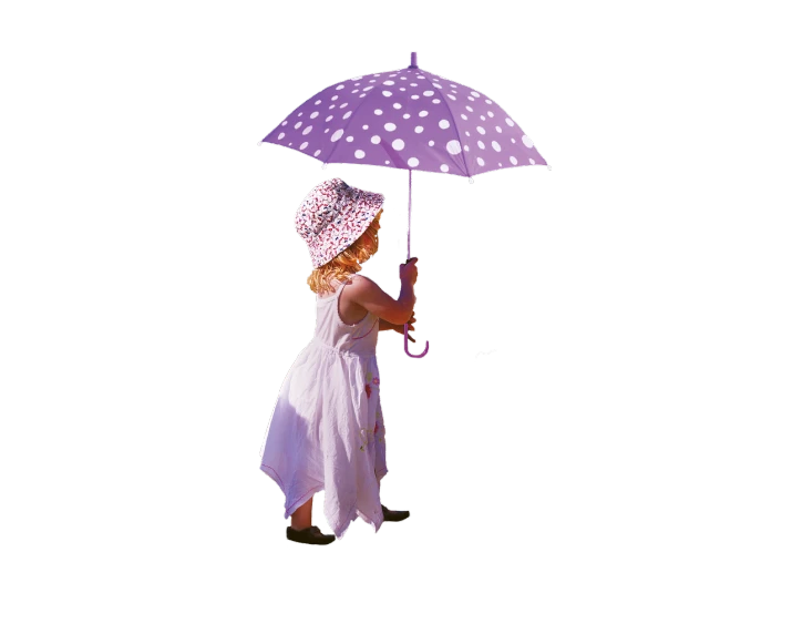 a little girl holding a purple polka dot umbrella, inspired by Ida Rentoul Outhwaite, pixabay contest winner, realism, cutout, on black background, avatar image, impasto