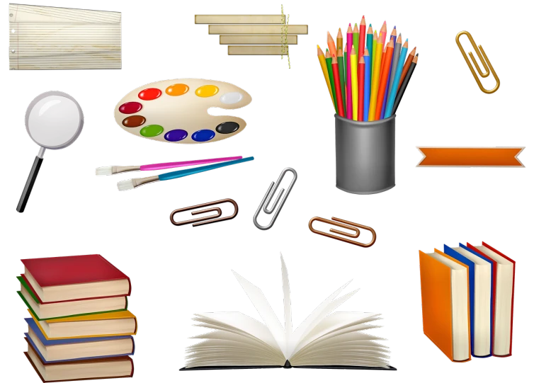 a collection of school supplies on a black background, a digital rendering, trending on pixabay, academic art, wooden desks with books, clip art, digital banner, library books