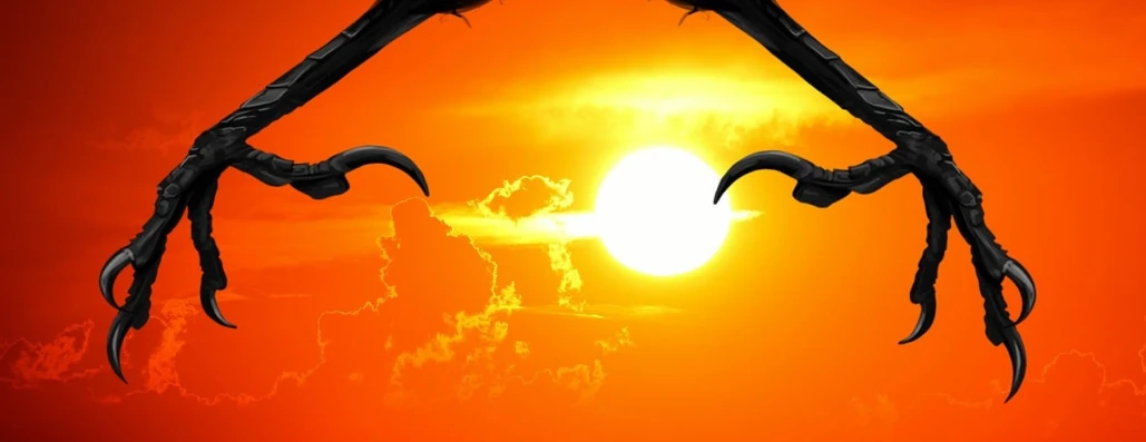 a close up of a pair of claws with the sun in the background, a screenshot, trending on pixabay, with hellish devil wings, 50* degree up from the horizon, in front of an orange background, hot summer day