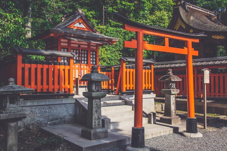 a small shrine in the middle of a forest, inspired by Torii Kiyomoto, pexels, ukiyo-e, marble!! (eos 5ds r, orange and white color scheme, sitting on temple stairs, red building