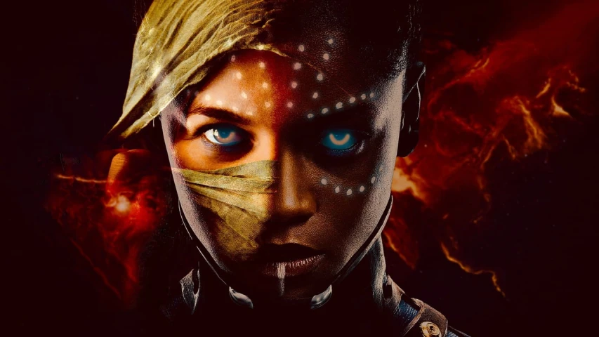a close up of a person with blue eyes, cyberpunk art, afrofuturism, a sexy blonde warrior, firestorm, movie promotional image, character from mortal kombat