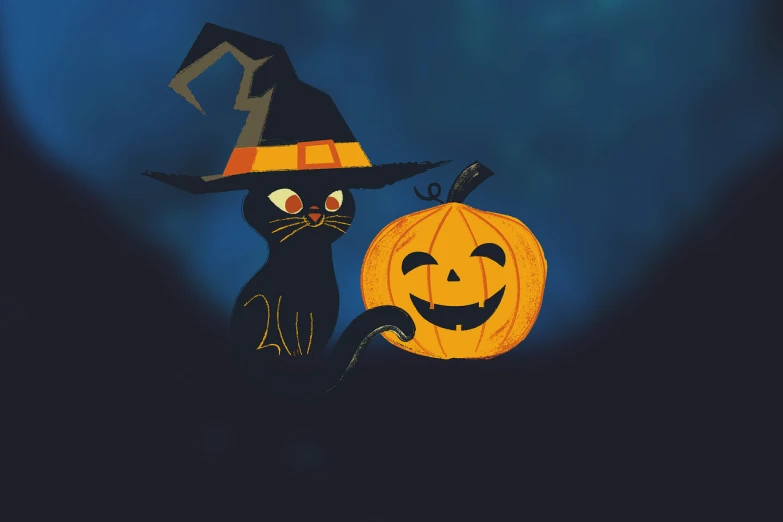 a black cat in a witch hat holding a pumpkin, a digital painting, background image, in style of disney animation, dark. no text, gloomcore illustration