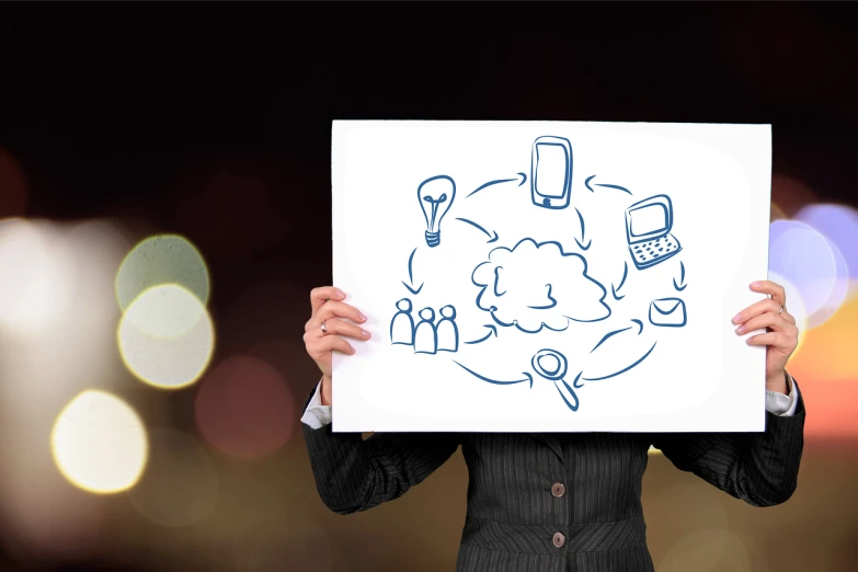 a person holding a piece of paper with a drawing on it, shutterstock, networking, woman holding sign, technologies, pictogram
