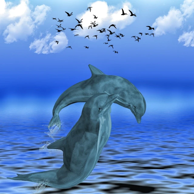 a dolphin jumping out of the water in front of a flock of birds, an illustration of, surrealism, dlsr photo, three-dimensional, doing an elegant pose, vacation photo