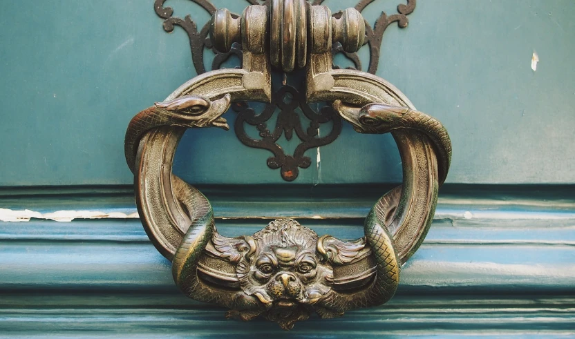 a close up of a door handle on a building, by Adam Szentpétery, baroque, snake heads, teal aesthetic, 🦩🪐🐞👩🏻🦳, hook as ring