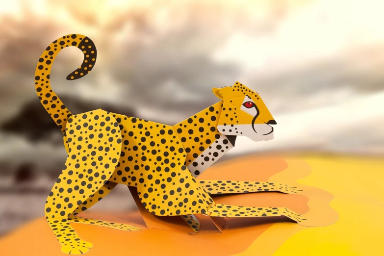 a paper sculpture of a cheetah on a yellow surface, trending on cg society, digital art, detailed scene, stylised storm, childrens book illustration, detail render