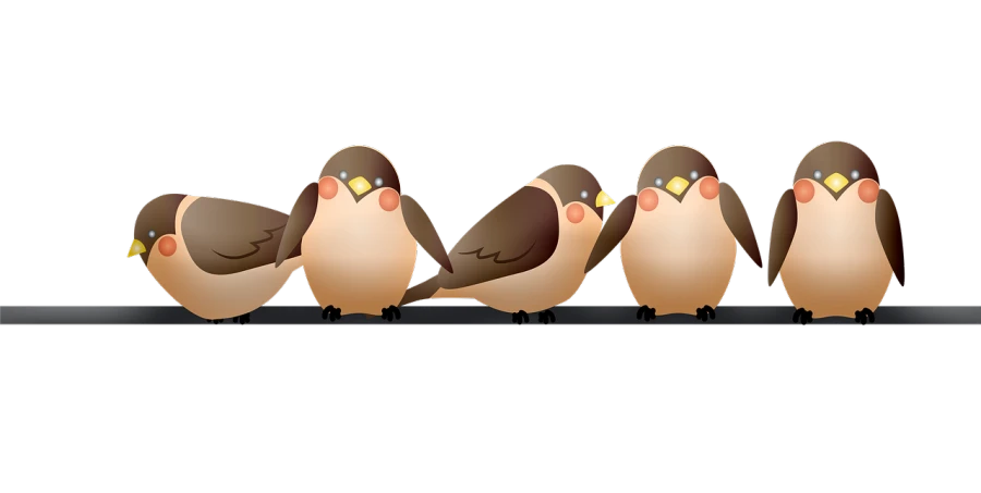 a group of birds sitting next to each other, an illustration of, by Taiyō Matsumoto, trending on pixabay, brown tail, on black background, cel shaded vector art, in a row