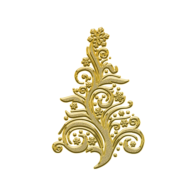 a gold christmas tree on a black background, an engraving, inspired by Katsushika Ōi, baroque, miniature product photo, jewelry design, acanthus scrollwork, high detail product photo