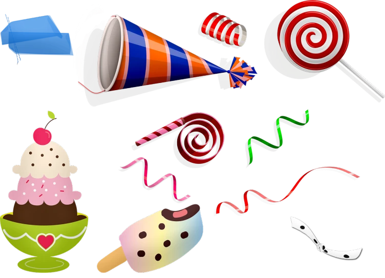 a collection of candy, lollipop, lollipop, lollipop, lollipop, lollipop, lollipop, a screenshot, by Lisa Milroy, pixabay, digital art, party hats, streamers, various items, spare parts