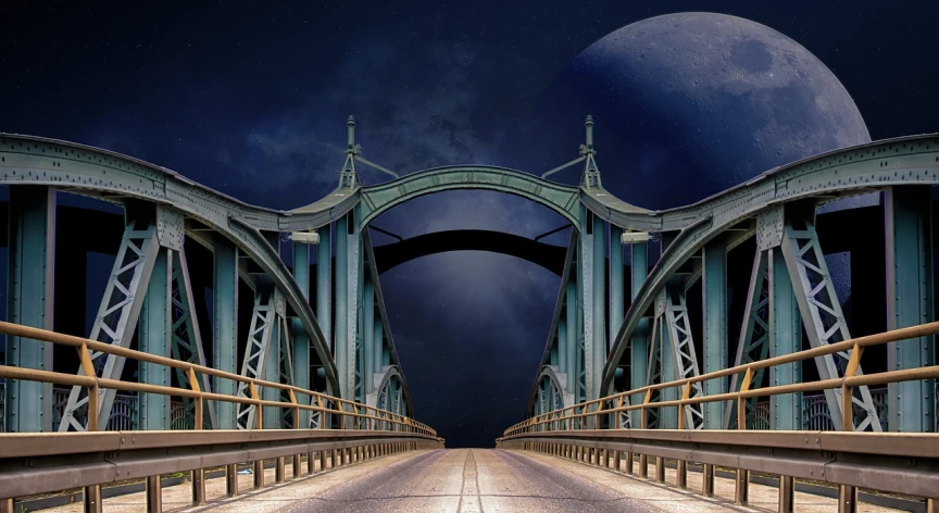 a bridge with a full moon in the background, inspired by Thomas Häfner, pixabay contest winner, surrealism, futuristic dieselpunk street, gateway to another universe, architecture photo, istock