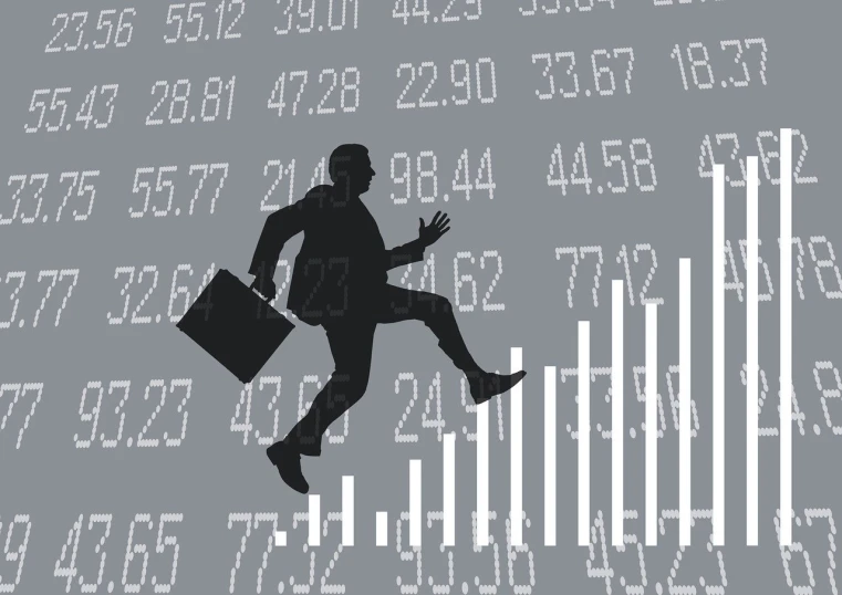 a silhouette of a man in a suit carrying a briefcase, a screenshot, inspired by Jan Karpíšek, figuration libre, displaying stock charts, running sequence, high res photo