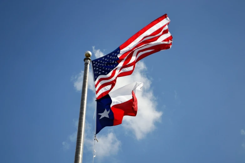 two american and texas flags flying next to each other, pexels, chile, view from the ground, high res, mid-view