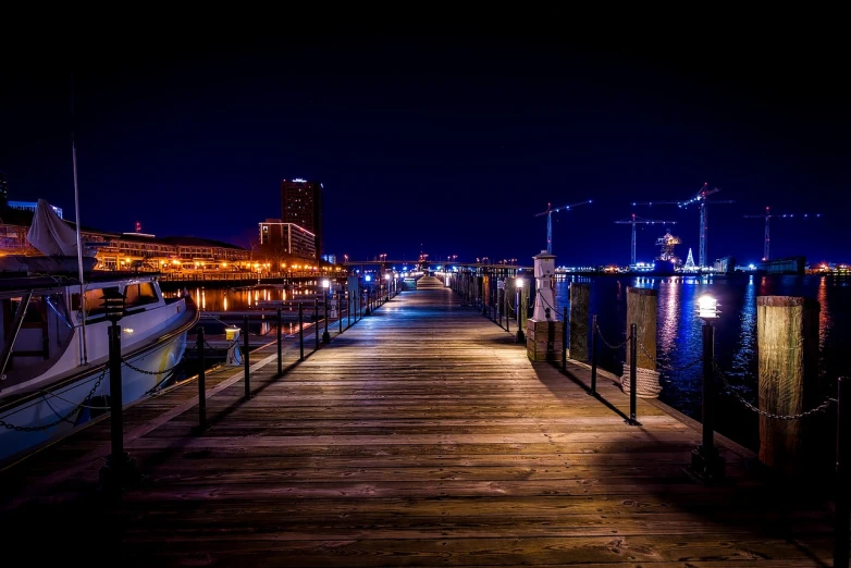 a dock filled with lots of boats at night, a picture, by Dave Melvin, shutterstock, downtown jacksonville florida, walkway, 2 4 mm iso 8 0 0 color, hd wallpaper