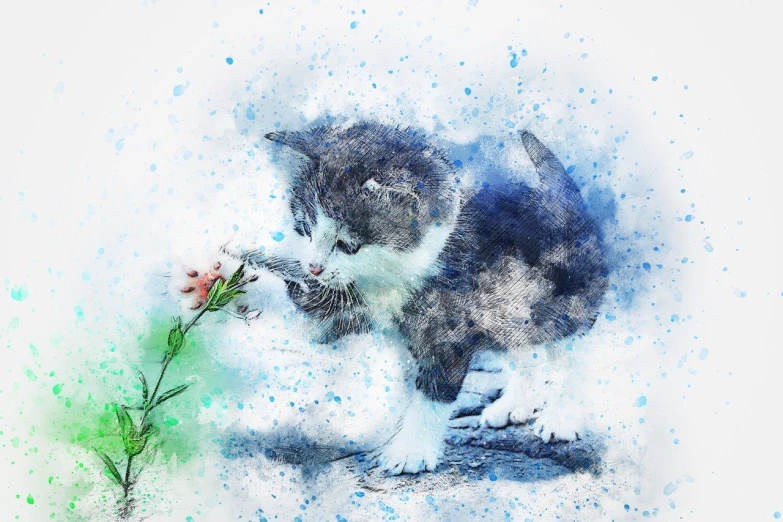a watercolor painting of a cat smelling a flower, a watercolor painting, trending on pixabay, mixed media style illustration, masterpiece digital painting, a beautiful artwork illustration, enhanced photo