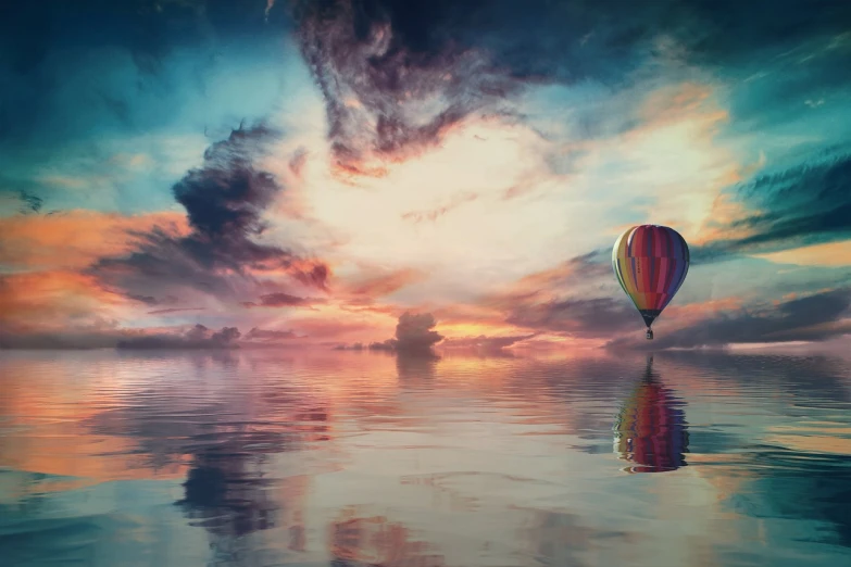 a hot air balloon flying over a body of water, a picture, romanticism, 4k uhd wallpaper, colorful clouds, stylized photo, beautiful reflexions