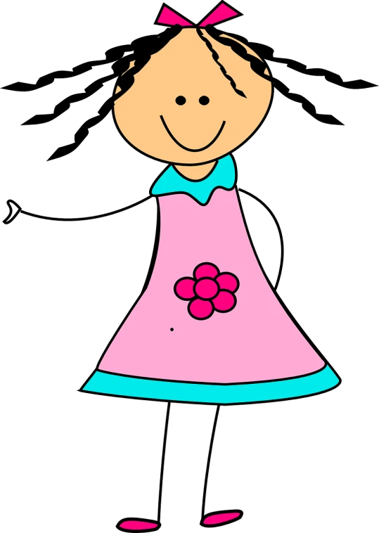 a little girl in a pink dress with a pink flower, tumblr, naive art, black background!!!!!, clip-art, stick figure, wearing a long dress