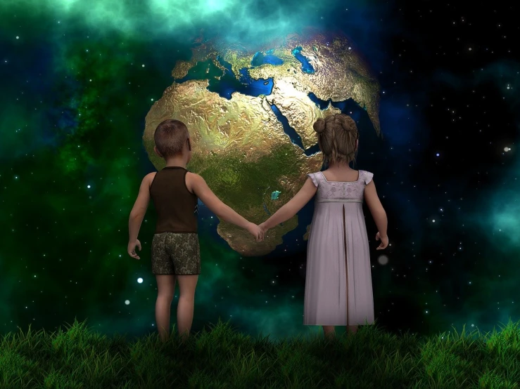 two children holding hands in front of a planet, a digital rendering, high quality fantasy stock photo, earth in background, very detailed background, boy and girl are the focus