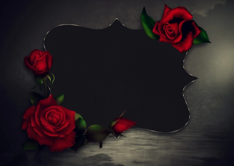 a bunch of red roses sitting on top of a table, a digital painting, romanticism, dark eerie movie frame, blackboard, metal border, black roses