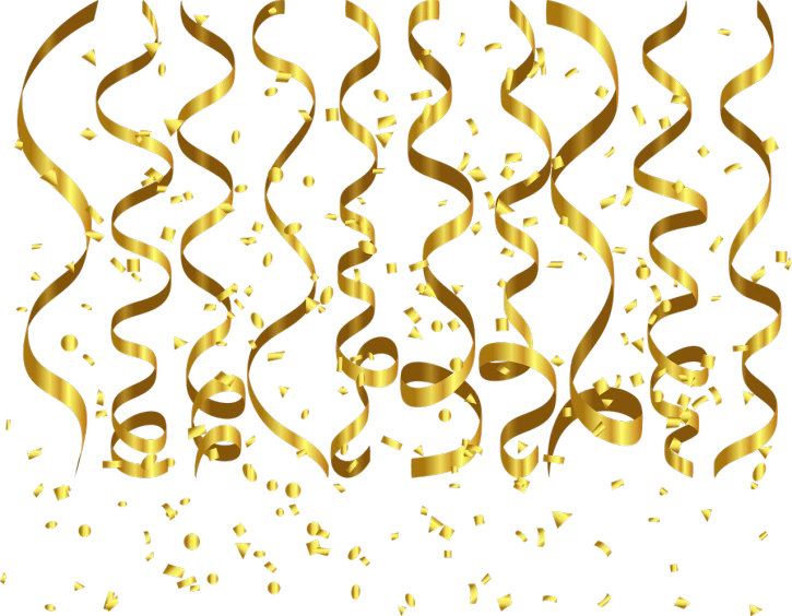 gold streamers and confetti on a black background, concept art, computer art, short golden curls, created in adobe illustrator, birthday, broken gold shackles