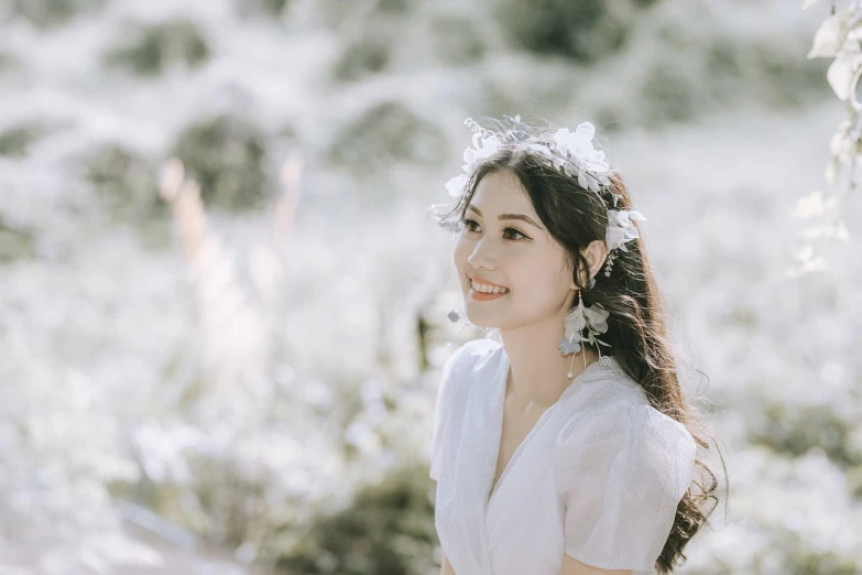 a woman in a white dress standing in a field, inspired by Huang Ji, smiling as a queen of fairies, background image, head and shoulders photography, smooth in _ the background