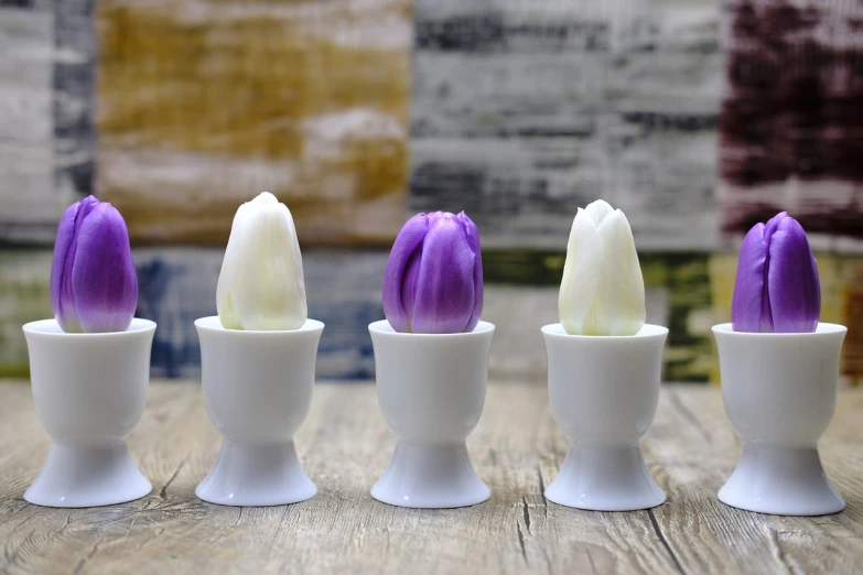 a row of white vases with purple tulips in them, a pastel, by Rhea Carmi, pexels, process art, eggs, coneheads, yummy, single