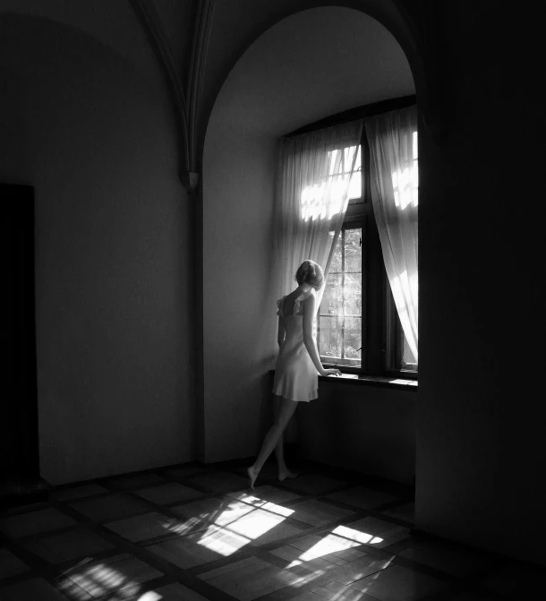 a woman that is standing in front of a window, inspired by Henryk Siemiradzki, flickr contest winner, dark ballerina, in a castle, dmitry mazurkevich, in a sunbeam