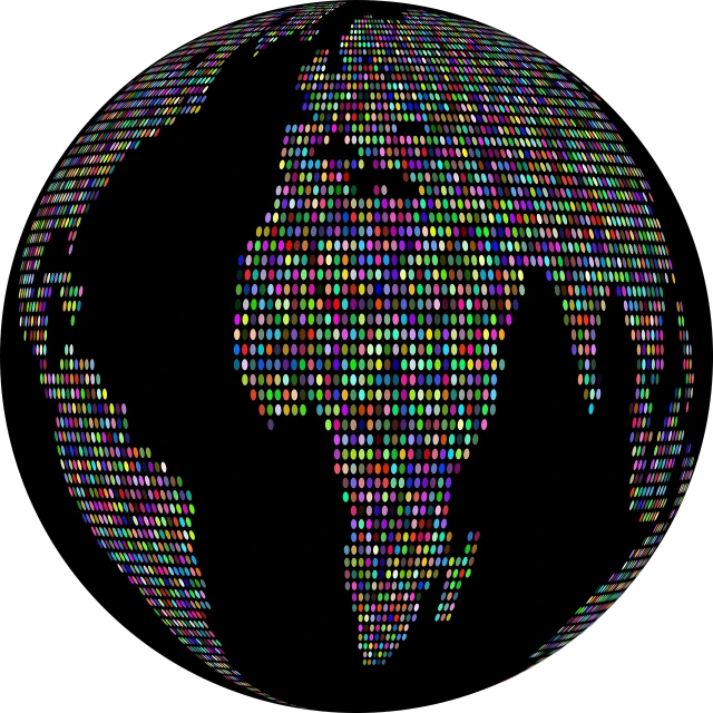 a sphere of colored dots on a black background, a digital rendering, continents, photo mosaic, made of notation, color vector
