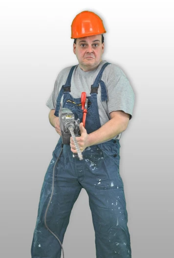a man in overalls and a hard hat holding a hammer, an airbrush painting, inspired by Jan Müller, official product photo, wearing blue jean overalls, george soros full body shot, saws