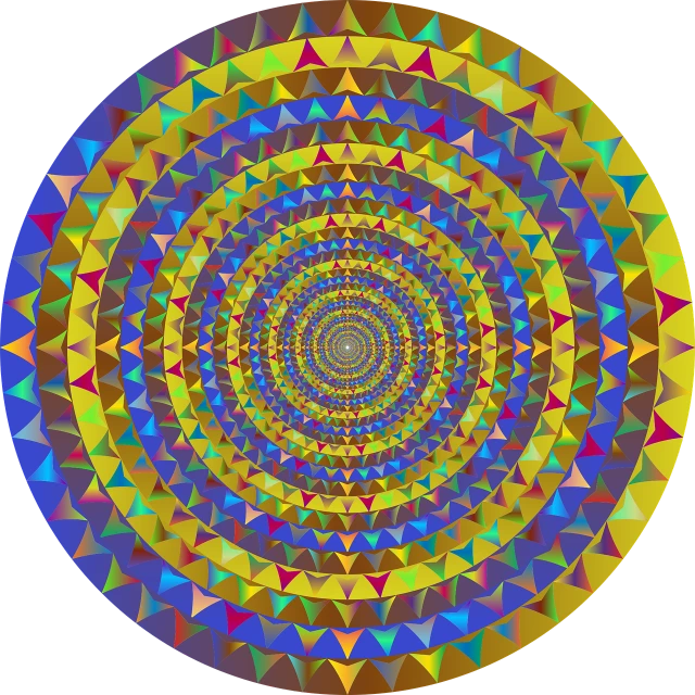 a colorful circular design on a black background, a mosaic, psychedelic art, in triangular formation, happy!!!, high res, yantra