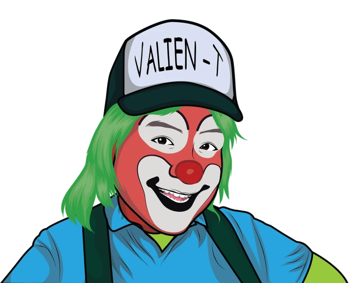 a clown with green hair wearing a hat, a character portrait, by Valéria Dénes, deviantart contest winner, valiant, whalen tom, on a flat color black background, ventriloquist dummy