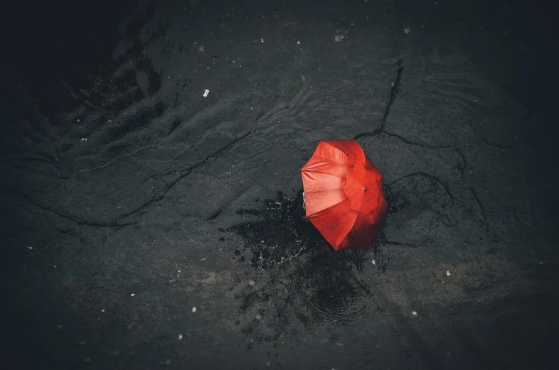 a red umbrella sitting in a puddle of water, a picture, unsplash contest winner, conceptual art, somber colors, sergey krasovskiy, top - down photo, lonely atmosphere