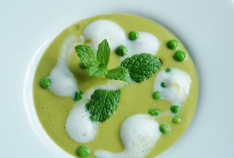 a bowl of soup with peas and mint leaves, inspired by Géza Dósa, renaissance, michelin restaurant, annie leibowit, boards of canada, foam