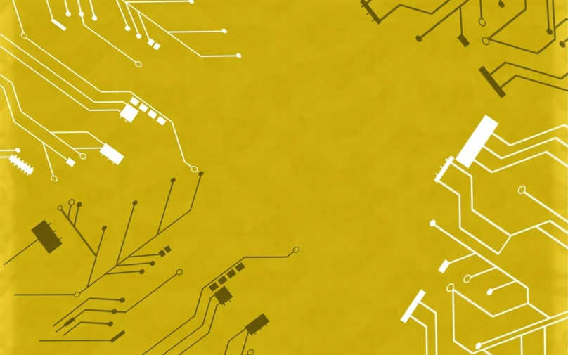 a close up of a circuit board on a yellow background, a digital rendering, digital art, white and gold color scheme, corner office background, strings background, 2 d overhead view