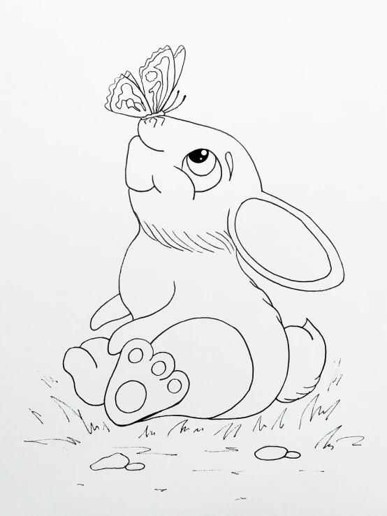 a drawing of a bunny with a butterfly on its head, an ink drawing, process art, clean ink detailed line drawing, traditional animation, drawing for children, bunny leg