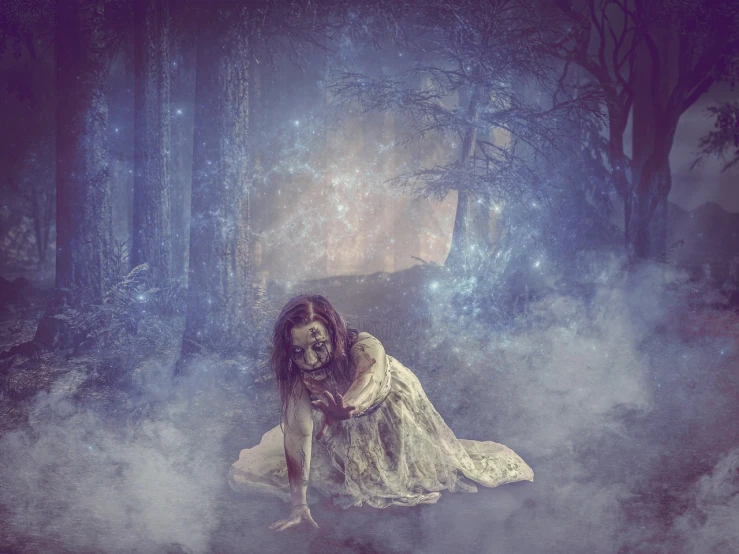 a woman in a white dress kneeling in a foggy forest, digital art, inspired by Brooke Shaden, fantasy art, high quality fantasy stock photo, nightmarish illustration, enhanced photo, artistic swamp with mystic fog