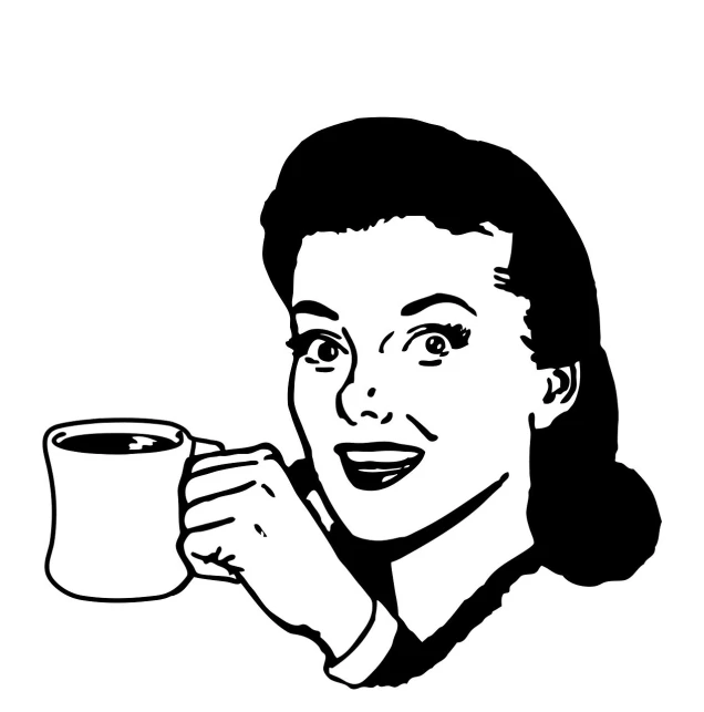 a black and white drawing of a woman holding a cup of coffee, by Joe Bowler, pixabay, pop art, 50s style infomercial, [[[[grinning evily]]]], woman drinking coffee, late morning