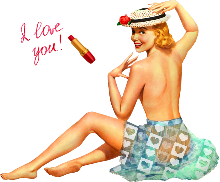 a painting of a woman with a hat and lipstick, inspired by Gil Elvgren, flickr, pop art, i love you, underwear ad, her back is to us, digital collage